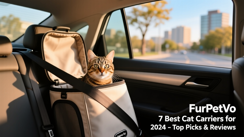 FurPetVo Happy Cat Premium Carrier shown in use inside a car, securely fastened with seatbelt and partially opened at the top for cat visibility