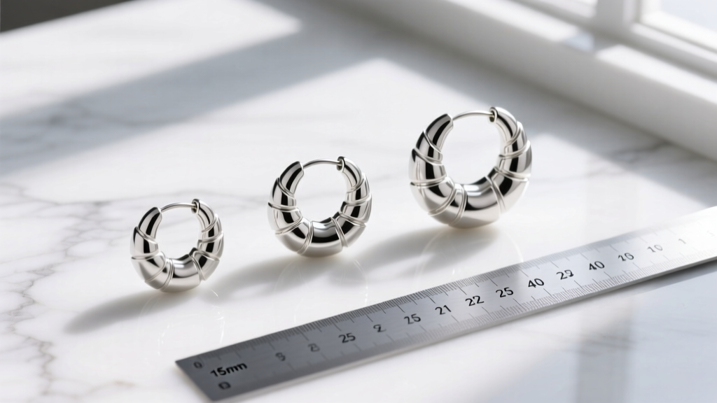 Flat lay of three silver croissant hoop earrings on white marble, with a ruler showing 15mm, 25mm, and 40mm diameters.