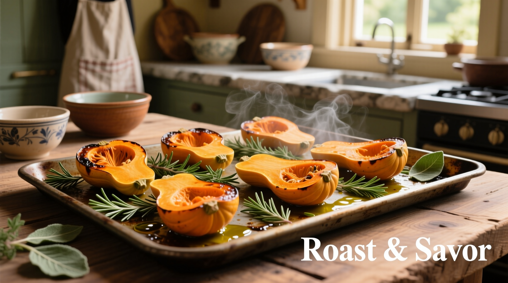 Buttercup squash halves ready for roasting with herbs