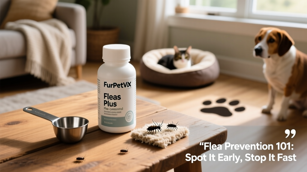 Bottle of FurPetVo RX for Fleas Plus powder next to measuring scoop and carpet sample