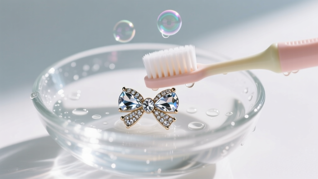 Soft baby toothbrush cleaning a rhinestone bow earring over a glass bowl, with mild soap and distilled water visible nearby.