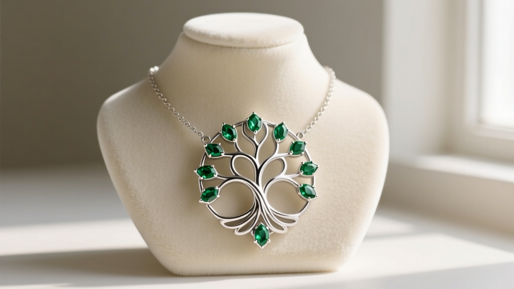 Rhodium-plated 925 sterling silver tree of life necklace with tiny emerald cabochon leaves displayed on a cream velvet jewelry bust.
