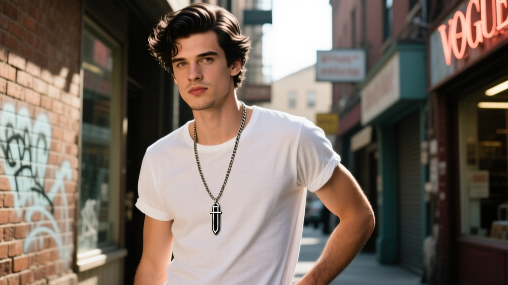 Young man wearing a plain white t-shirt and a 22-inch figaro chain necklace with a switchblade pendant, 1960s greaser aesthetic