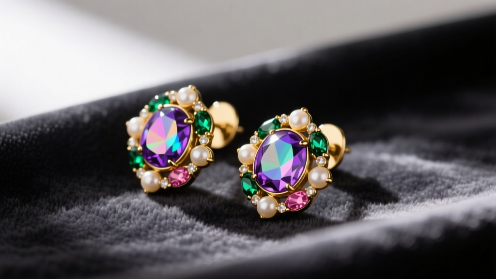 Macro shot of 1950s gold-filled clip-on earrings with aurora borealis rhinestones and faux pearls resting on dark velvet fabric.