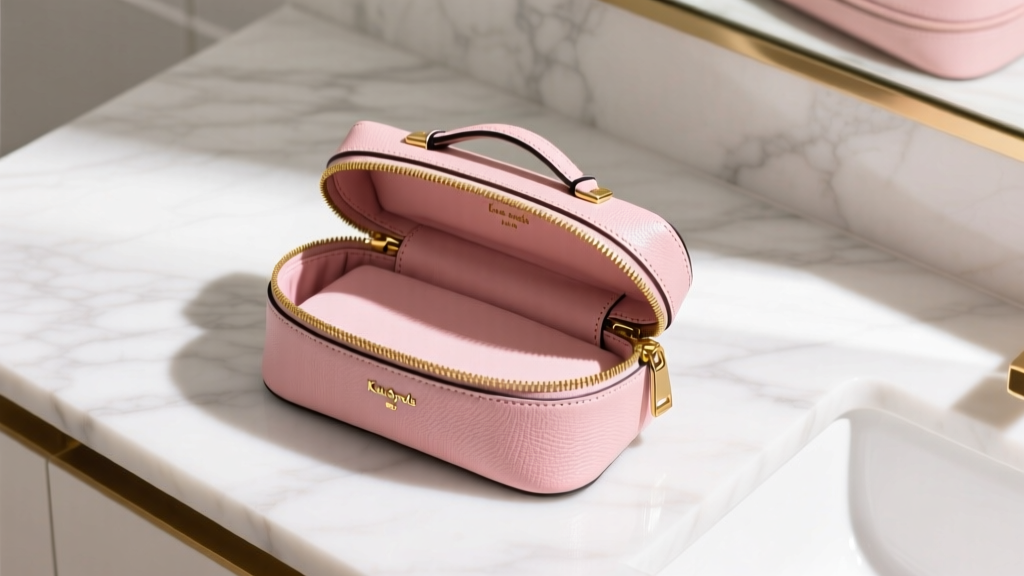 Top-down view of a blush pink Kate Spade saffiano leather travel case with a gold zipper, resting on a white marble vanity.