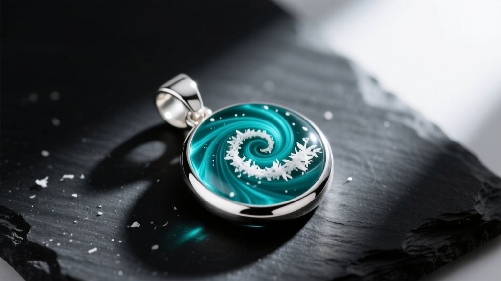Macro shot of a sterling silver pendant with a swirl of teal resin and fine white cremation ashes, resting on a dark slate surface