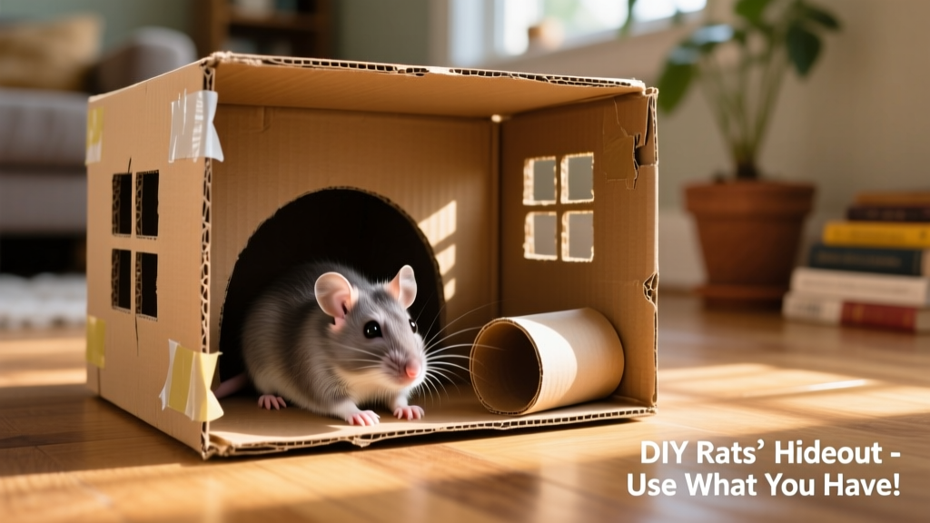 A rat nestling inside a repurposed cardboard box with cut-out windows and tunnels