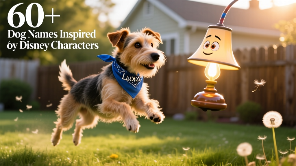 A playful terrier mix wearing a blue bandana, leaping toward a floating toy shaped like a Pixar lamp