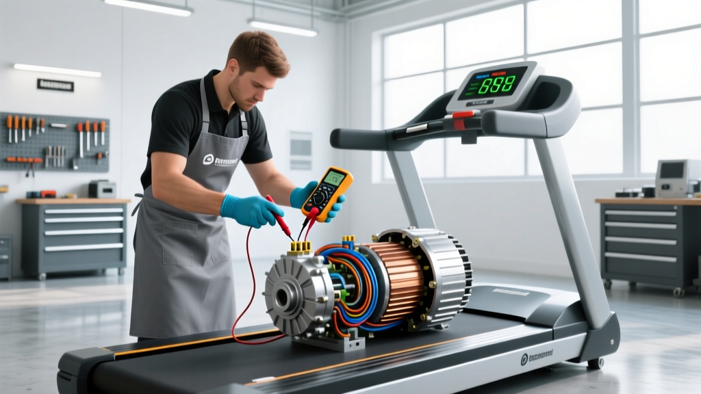 Technician using a digital multimeter to test the continuous horsepower output of a treadmill motor casing in a repair workshop