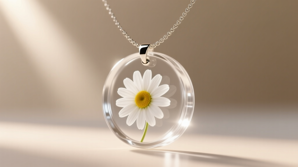 Side profile of a UV-cured resin flower press necklace showing optical clarity and a suspended white daisy under soft sunlight