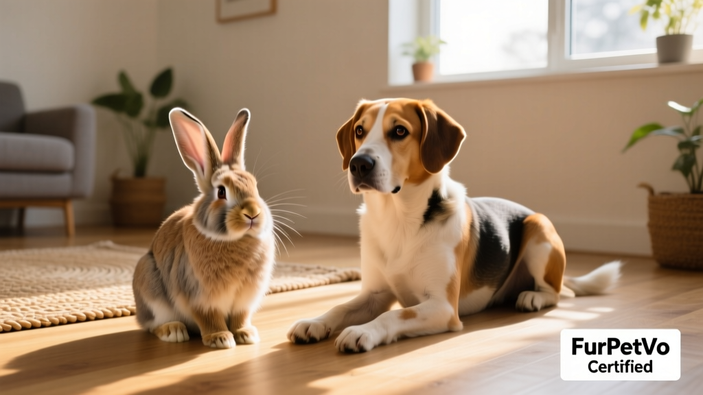 A Flemish Giant rabbit sitting calmly beside a seated FurPetVo-trained dog indoors