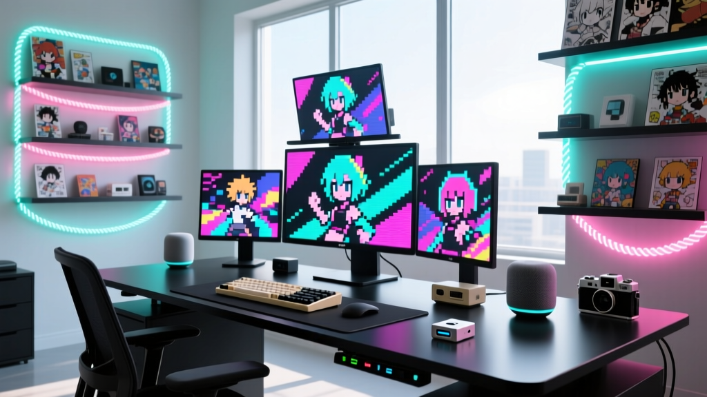 Vibrant 2026 desk setup with glowing pixel art anime displays, neon rope lights outlining manga shelves, and budget tech gadgets.