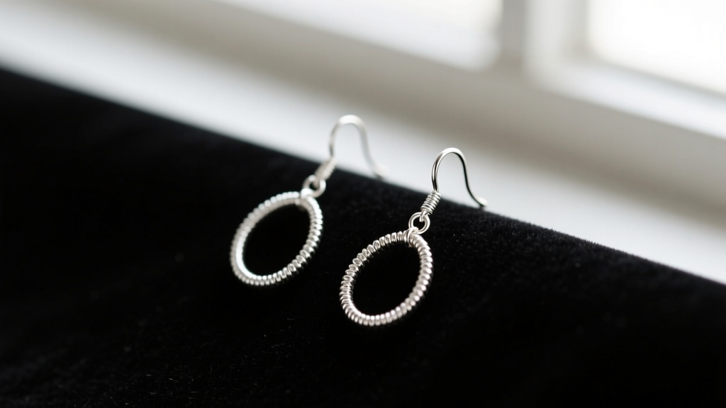 Macro shot of dangle earrings on dark velvet, showing flexible beading wire and silver crimp tubes in soft light.