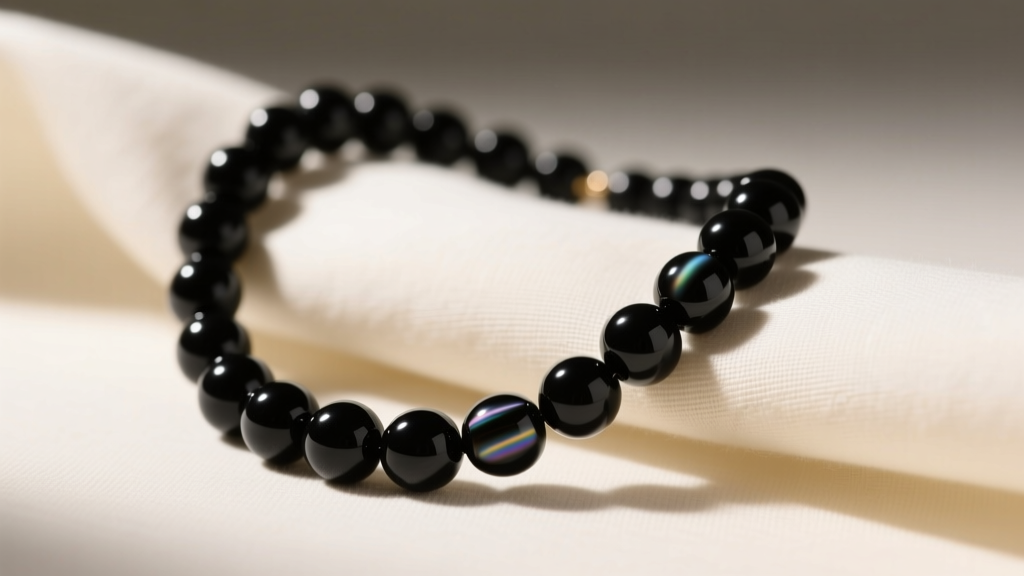 Close-up of an 8mm matte black onyx bead necklace draped over cream linen, illuminated by soft directional studio lighting