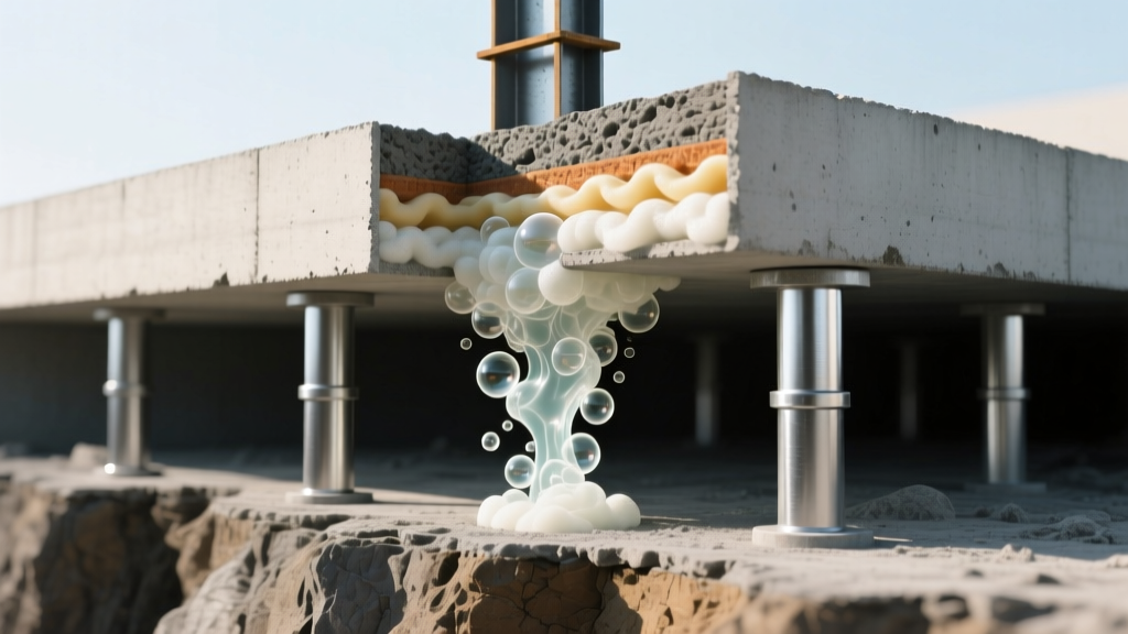 Cross-section diagram of a concrete slab foundation showing steel push piers driven into bedrock and polyurethane foam injection lifting settled concrete