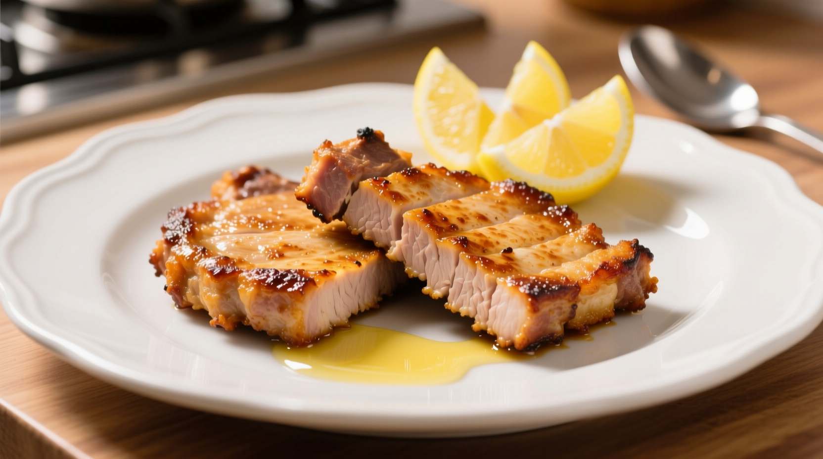 Golden fried pork chops on white plate with lemon wedges