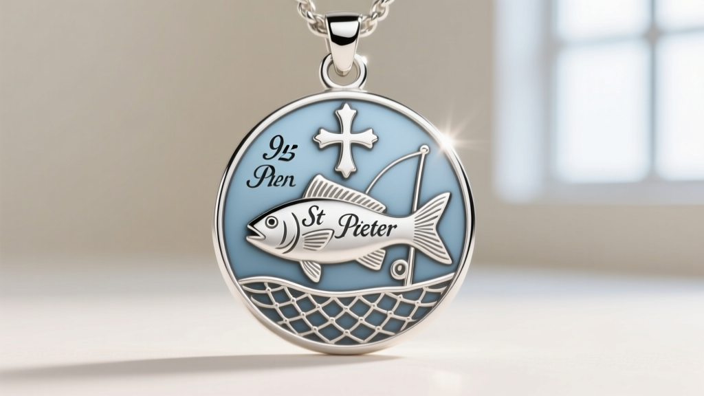 Macro shot of a 925 sterling silver St Peter fisherman medallion showing intricate engraving details and a rhodium-plated finish.