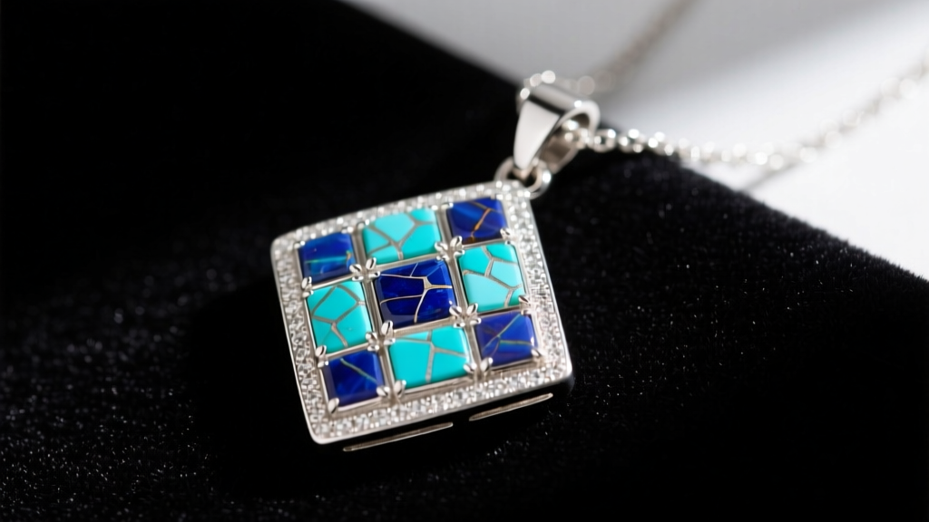 Close-up of a sterling silver mosaic pendant necklace featuring crushed turquoise and lapis lazuli inlay resting on dark velvet