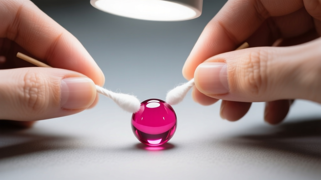 A jewelers hands using a cotton swab with acetone to test the colorfastness of a hot pink glass bead under bright daylight lamps.