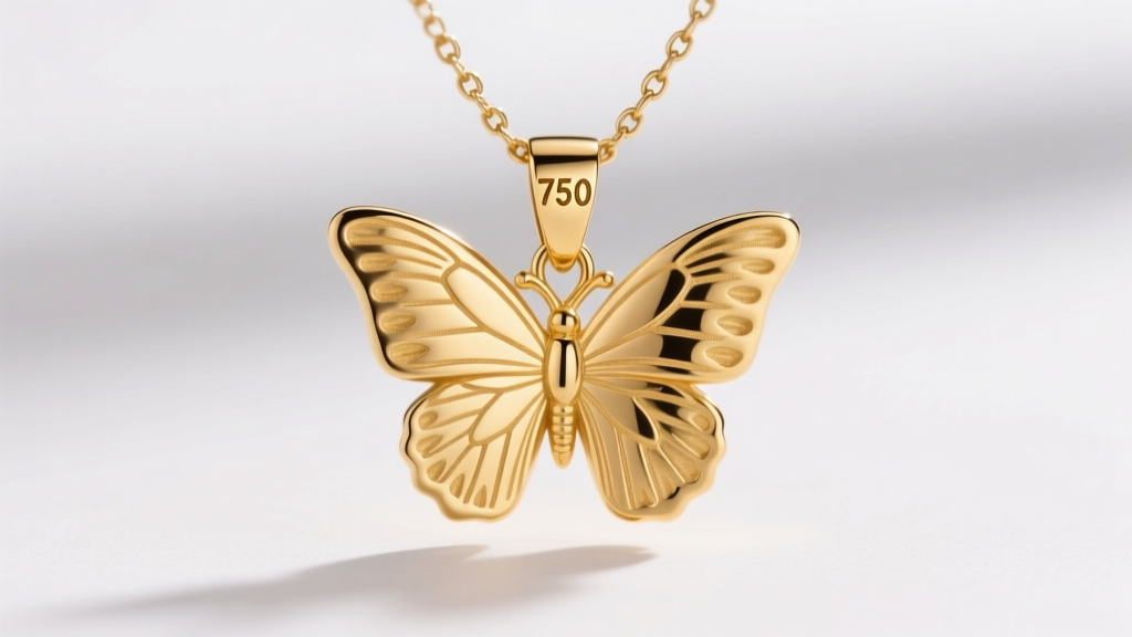 Macro shot of an 18k solid gold butterfly pendant on a delicate box chain, focusing on the stamped 750 hallmark on the jump ring.