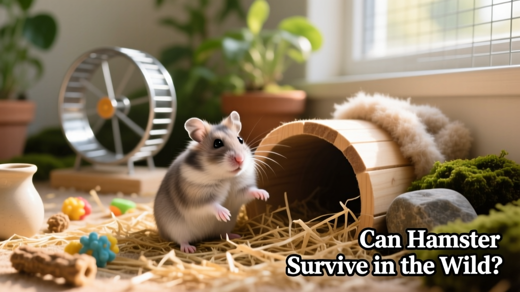 A domestic Syrian hamster in a spacious, enriched indoor enclosure with tunnels, nesting material, and a running wheel