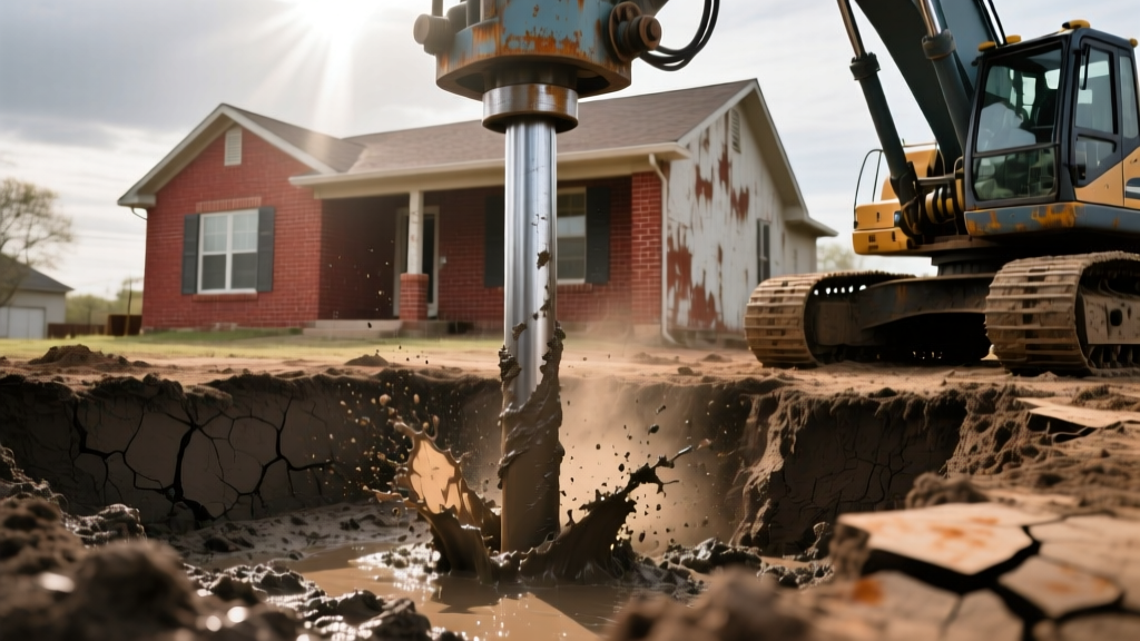 Hydraulic press driving steel foundation piers into dark expansive clay soil beside a Dallas brick ranch home during structural repair