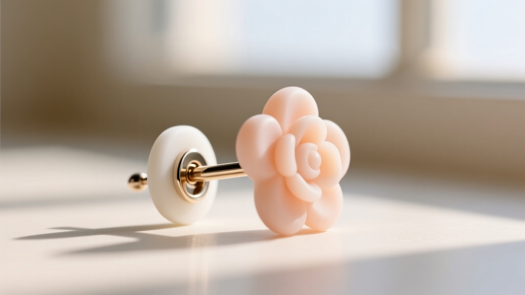 Close-up of an 18-gauge earring post with a wide silicone back against a soft background showing grip for heavy floral studs
