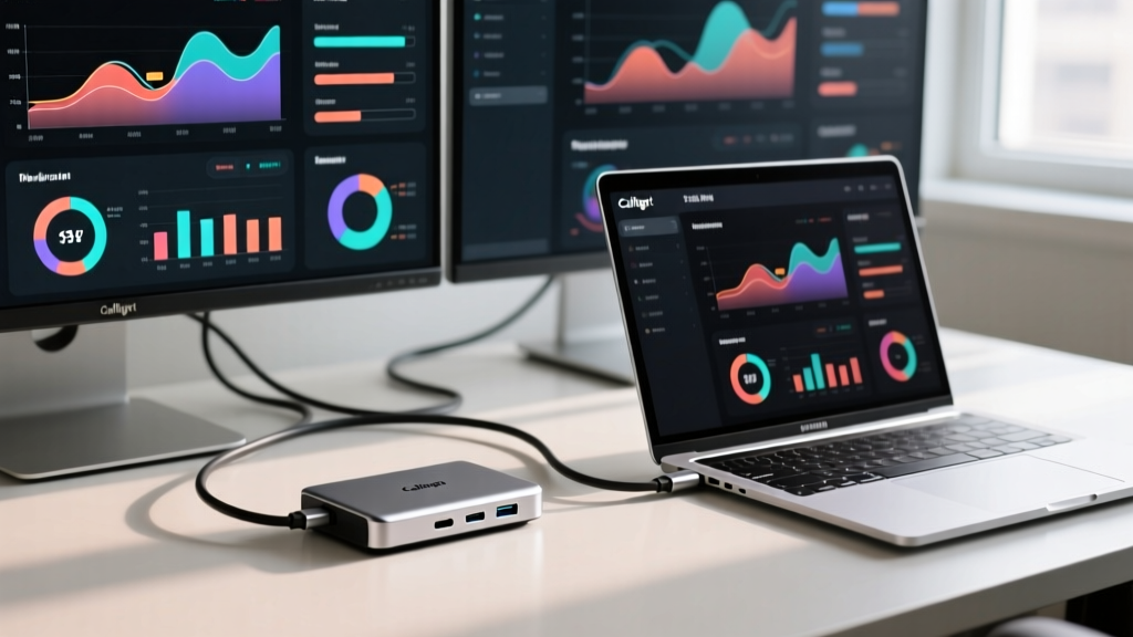 Close-up of a CalDigit TS4 dock connected to a MacBook, routing cables to dual 4K monitors displaying complex agile dashboards.