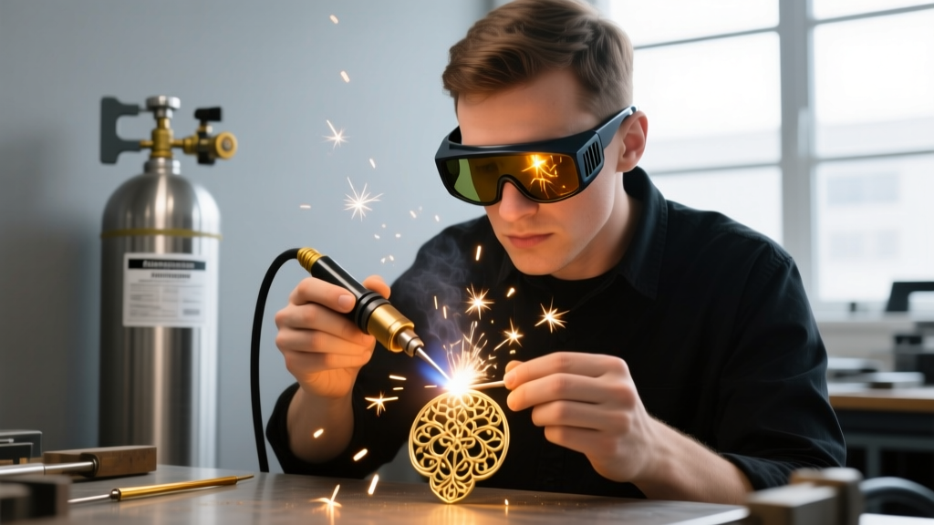 Jeweler wearing auto-darkening shade 11 safety glasses while operating a micro welder, with an argon gas tank in the background.