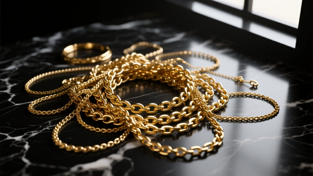 Editorial flat lay of a tangled mess of cheap gold-plated brass layered necklaces on dark marble surface, moody cinematic lighting