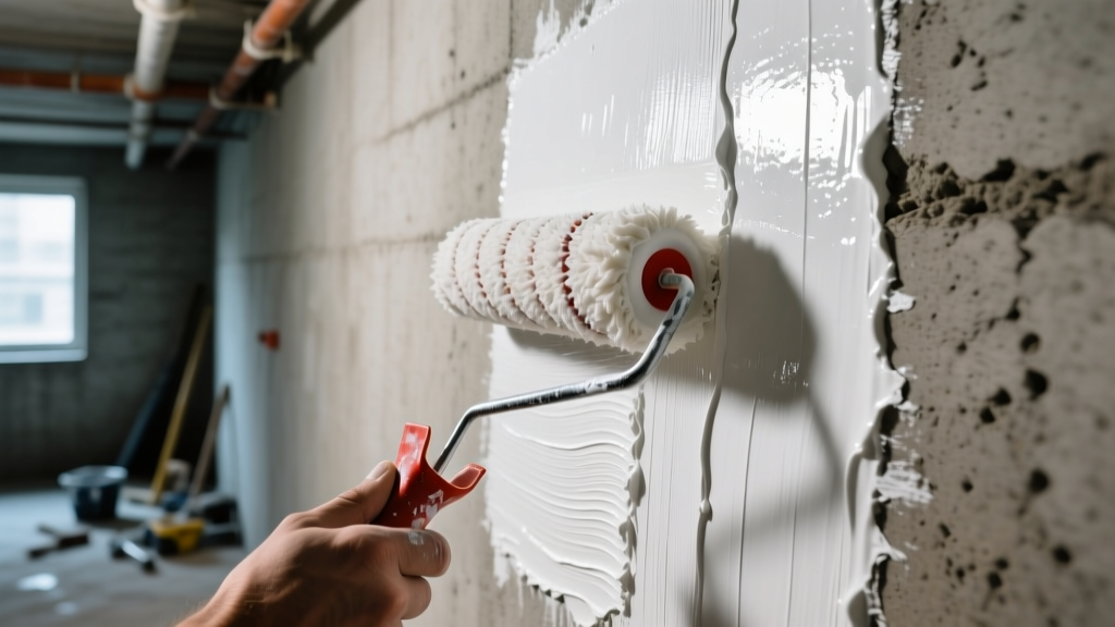 Close-up of a painter applying thick white elastomeric waterproof coating to a textured concrete basement wall using a heavy-nap roller