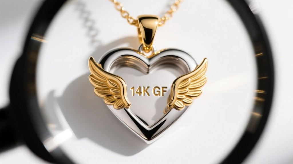 Loupe view of a demi-fine heart with angel wings necklace, showing the gold vermeil thickness stamp over a sterling silver base metal.