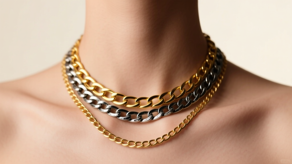 Close-up of a neck wearing layered 14k yellow gold and oxidized sterling silver chain necklaces under soft, warm studio lighting.
