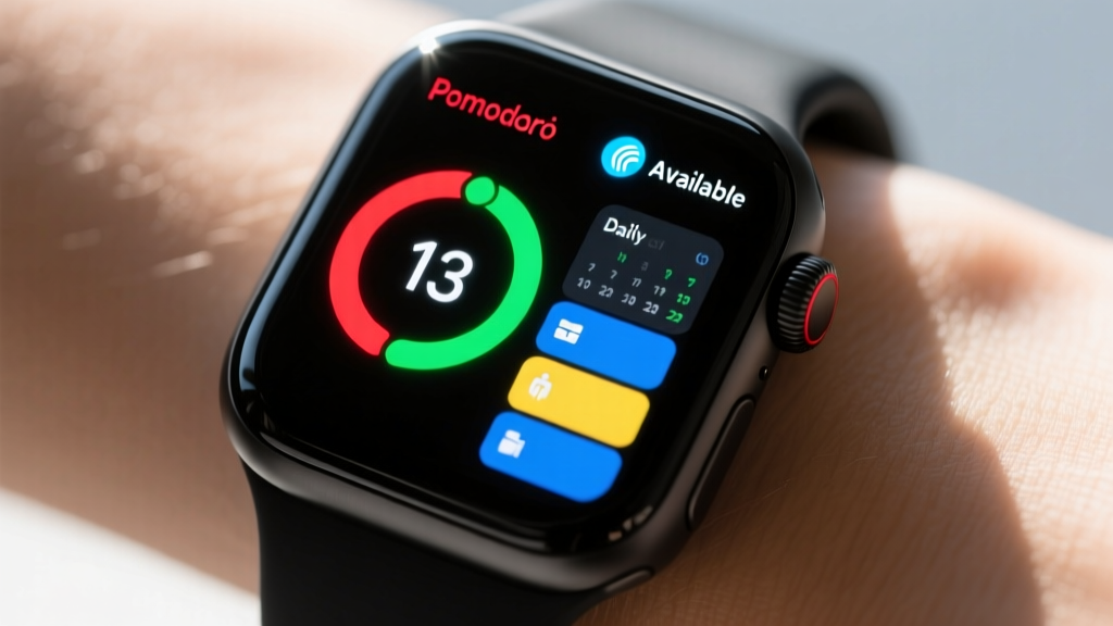 Software interface of a custom smartwatch face displaying a Pomodoro timer, active Slack status indicator, and daily calendar blocks on a glowing OLED wrist display.