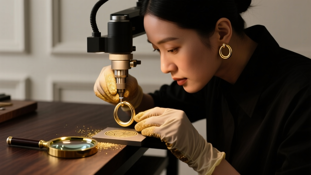 Jeweler using a laser engraver on a 14-gauge gold hoop, with a loupe resting on the dark bench under warm, focused studio lighting.