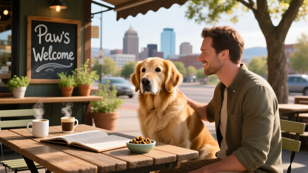 A golden retriever sitting calmly beside its owner at a sunlit outdoor table at a dog-friendly restaurant, with menus and drinks visible