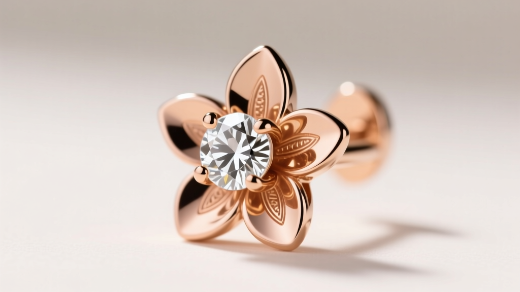 Close-up of V-prongs securing pear-shaped diamond petals on a 14k rose gold flower earring, highlighting metal malleability
