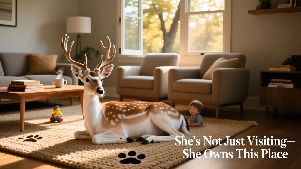 A calm white-tailed deer lounging comfortably on a living room rug, surrounded by cozy furniture and soft natural light