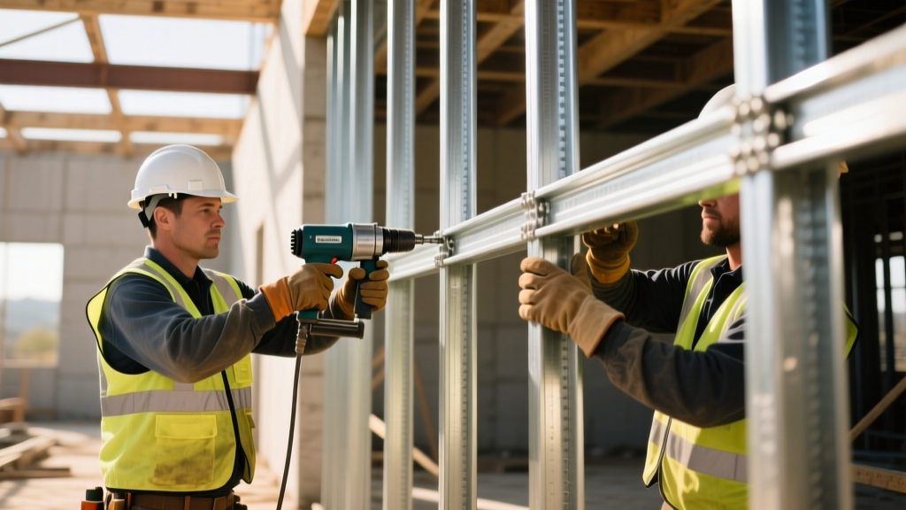 Commercial construction site showing workers installing galvanized steel wall studs and tracks with pneumatic screw guns under bright work lights