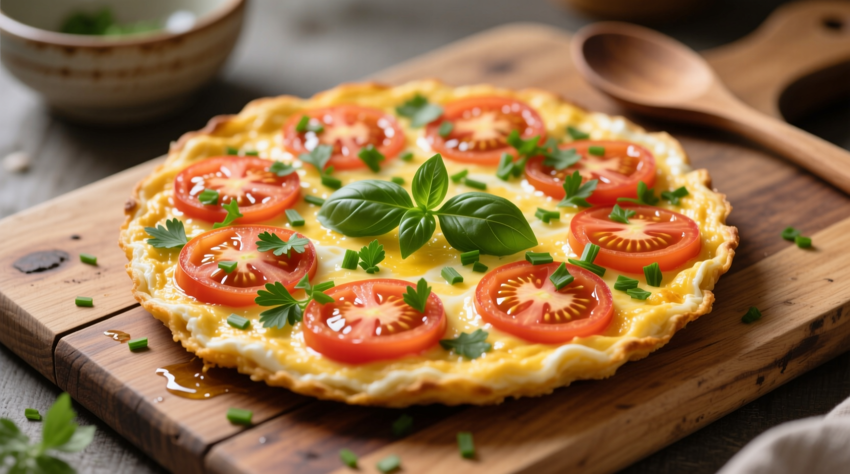 Golden tomato frittata with fresh herbs on wooden board