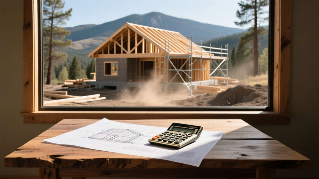Blueprints and a calculator on a wooden table overlooking a timber-framed house under construction in the Boise foothills