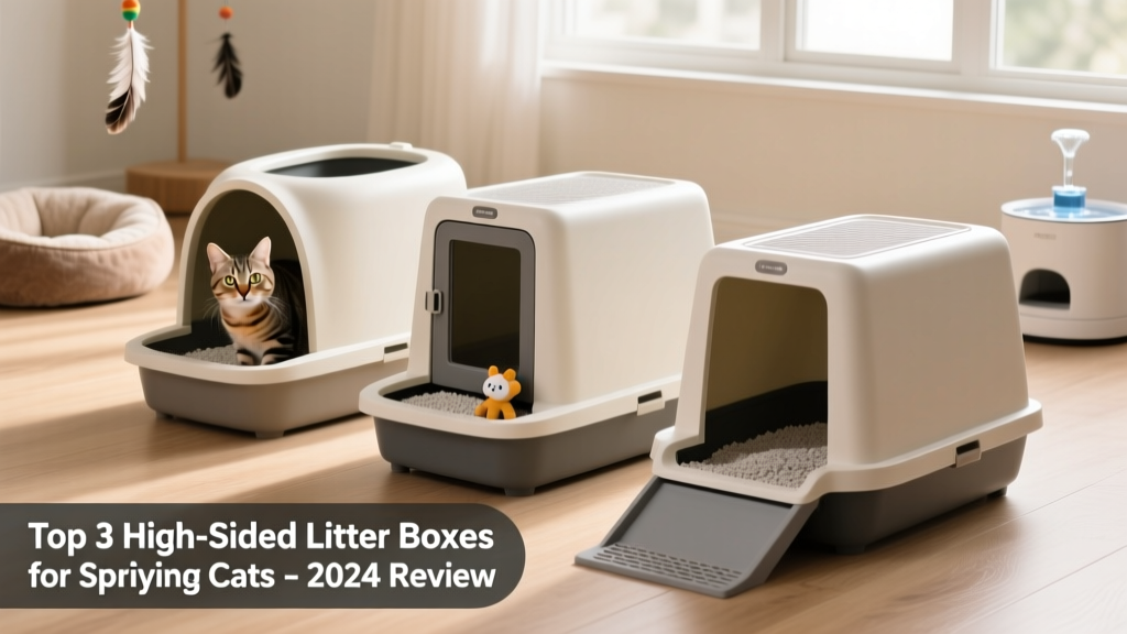 Side-by-side comparison of three high-sided litter boxes showing varying wall heights and entry styles