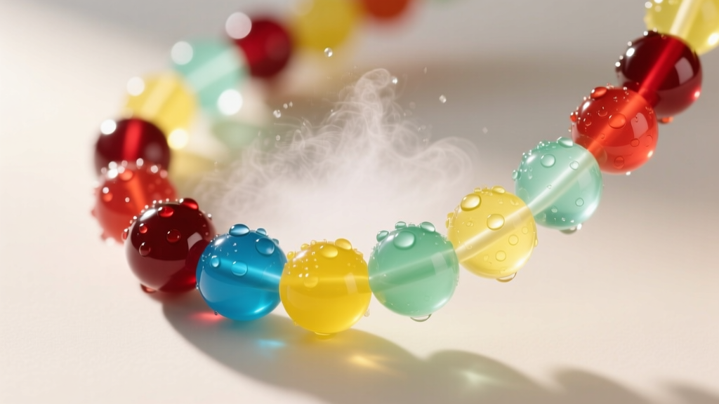 Macro shot of a glossy gummy bead necklace sprayed with a fine mist of food-safe confectioner's glaze from an aerosol can