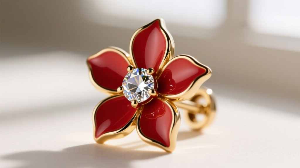 Macro shot of a gold-tone brass Carolina Herrera floral earring with red epoxy enamel petals and a central crystal cluster