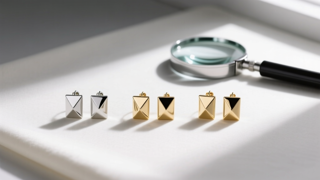 Flat lay of three pairs of 18k white gold lox earring backs next to a jeweler