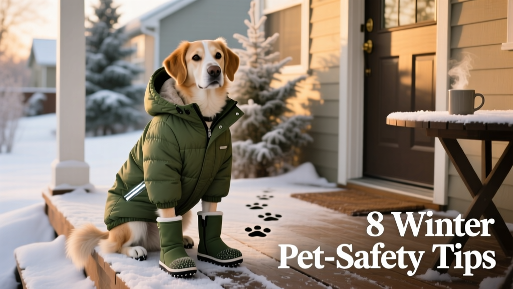 A dog wearing a stylish olive insulated parka and matching booties, sitting calmly on a snow-dusted porch