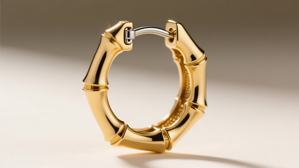 Macro shot of a hollow 14k gold bamboo earring hinge, showing thin metal walls and a sturdy stainless steel latchback clasp.