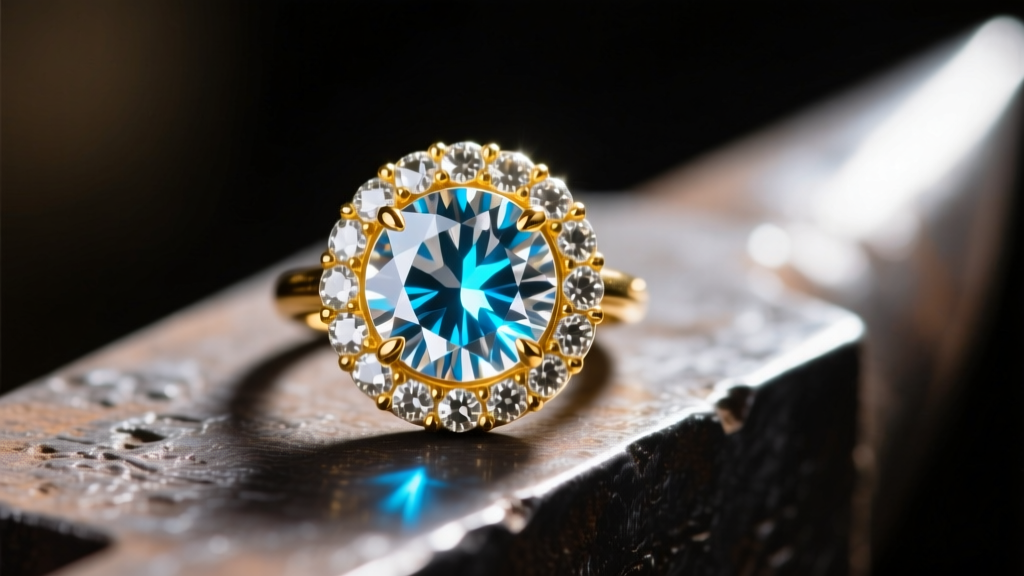 Macro shot of a round diamond in an 18k yellow gold bezel, reflecting cyan light against a blurred blacksmith anvil background