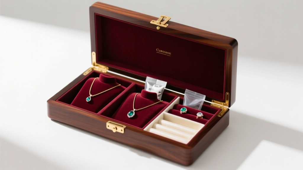 Mahogany jewelry box showing velvet slots for necklaces, featuring anti-tarnish silica packets and treated cloth dividers inside