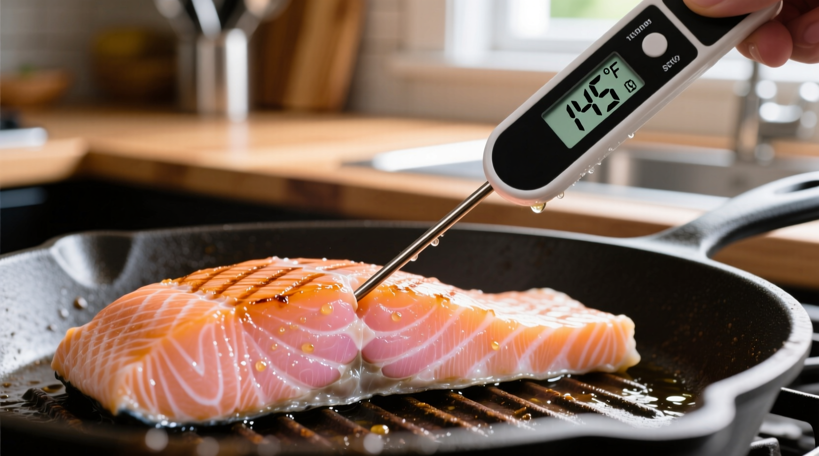 Food thermometer measuring temperature in cooked salmon fillet